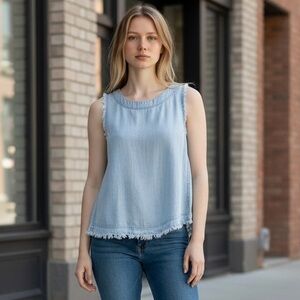 For The Republic‎ Denim Blue Distressed Style Sleeveless Tank Top